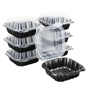To go 6x6x3 "doppio contenitore per alimenti incernierato a due colori per microonde scatola per il pranzo per hamburger base nera coperchio trasparente plastica a conchiglia