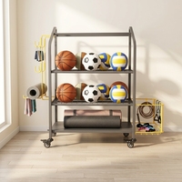 Chariot d'organisation sportive professionnel avec roues, 3 étagères, support pour tapis de yoga, cage de rangement pour ballons, garage, acier modulaire haute résistance