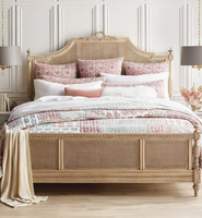 Lit King Size en Bois Massif et Rotin, Style Rétro Français, Meuble de Chambre Villa, Lavable, Personnalisable, Grande Surface, Vente Chaude