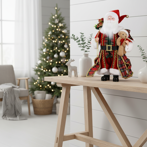 Wholesale Custom Red and Gold Plaid Santa Claus Statue Luxurious Indoor Holding a Teddy Bear Nordic Christmas Decoration - Product Image 2