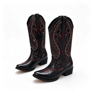 Bottines western vintage noires pour femmes, grandes tailles, en denim, à talons hauts. Bottes de chevalier personnalisées à découpe flamboyante. Uniquement pour les femmes. - Product Image 2