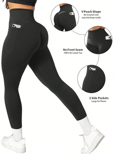 Leggings de yoga taille haute très élastiques, longueur genou, noir uni avec poches, effet froncé fessier, contrôle du ventre, sans coutures, extensibles dans les quatre sens - Product Image 2
