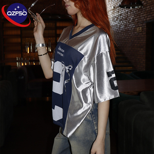 QZFSO Custom Blockette Cyber Streetwear Vintage Soccer <b>Top</b> Shiny Liquid Satin Panel Graphic Print Loose Fit Mesh Sports Jersey - Product Image 2