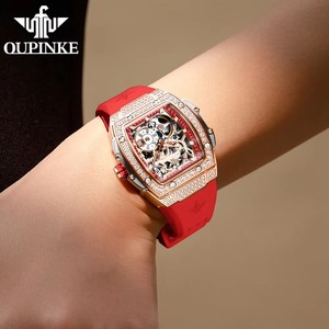 Montre automatique pour femme OUPINKE, squelette mécanique, bracelet rouge, mode, diamants, cristal, pour soirée et banquet - Product Image 2