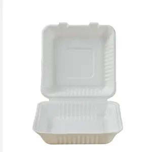 Custom 6 inch Disposable Biodegradable Paper Box Sugarcane Bagasse School Clamshell lunch box