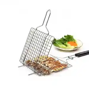 Outdoor Camping Portable Metal Wire Mesh Bbq Grilling Clip Roasting With Anti Scalding Handle