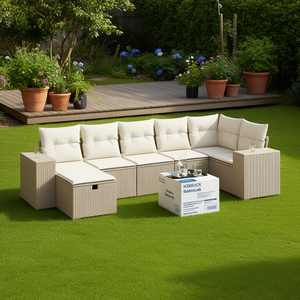 Ensemble de canapés de jardin modulaires en polyrotin beige, meubles d'extérieur confortables, design moderne, coussins en mousse haute densité - Product Image 2