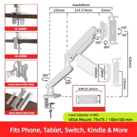 Support de téléphone articulé en alliage d'aluminium avec bras à ressort à gaz rotatif à 360 degrés pour écran ou téléphone, support de bureau pour téléphone