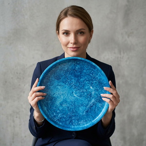 Assiette de service ronde en résine polie faite à la main, bleue, design moderne et luxueux, écologique, passe au lave-vaisselle, qualité alimentaire - Product Image 1