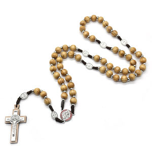 Cattolico religioso <span class=keywords><strong>antico</strong></span> <span class=keywords><strong>rosario</strong></span> placcato in argento con perline St. Benedict medaglia e croce di legno - Product Image 2