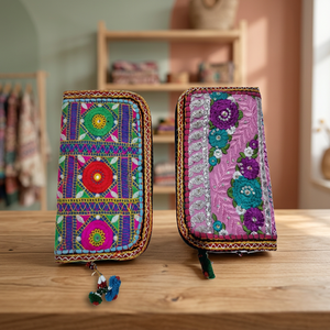 Handcrafted Floral Embroidered Boho Style Clutch Wallet Featuring Cotton Lining Durable Zipper Closure and Portable Design - Product Image 1