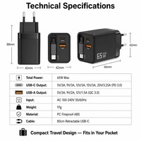 Adaptor Daya PD 3.0 65W Pengisi Daya Cepat Multi Port 3-in-1 yang Dapat Ditarik, Dilengkapi OTP/OVP, Colokan US/EU/UK untuk Laptop