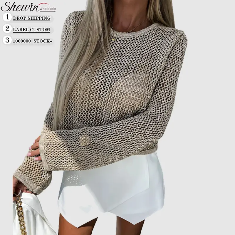 Wholesale Fashion Vacation Knit Long Sleeve Hollow Out Summer Tops For Women 2023