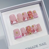 TSZS Faux ongles carrés courts à bec de canard faits à la main, rose vif, entièrement ornés de strass, avec nœud 3D et fleur, réutilisables