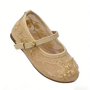 2026 Embroidery Pearl Mesh Ballet Style Kids Shoes for Girls Fashion Hollow Out Mesh Round Toe Flat Single Button Strap Shoes - Product Image 5