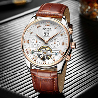 Montre mécanique squelette tourbillon de luxe avec logo personnalisé, réserve de marche, bracelet en cuir, cadran en cristal saphir pour homme