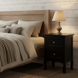 Table de chevet noire de style campagnard à deux niveaux avec plateau en bois et 2 tiroirs pour chambre à coucher - Product Image 2