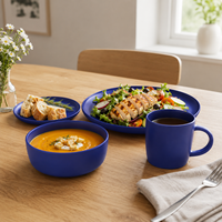 Service de table moderne de luxe en grès et porcelaine bleu mat – Assiettes, tasses à café – Résistant au lave-vaisselle, à la chaleur et au four