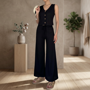 Ensemble deux pièces décontracté pour femme DEFILE, pantalon et gilet sans manches taille haute confortable en polyester et lycra, avec boutons, en orange vif - Product Image 3