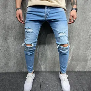 Latest Blue Jeans For Men Skinny Stretch Ripped Hole Jeans For Men Stylish Designer Trousers Jeans
