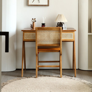 Wabi-Sabi Style <b>Solid</b> <b>Wood</b> Rattan <b>Desk</b> Home Bedroom Integrated Dressing Table Nordic Style for Compact Apartments Chongqing - Product Image 3