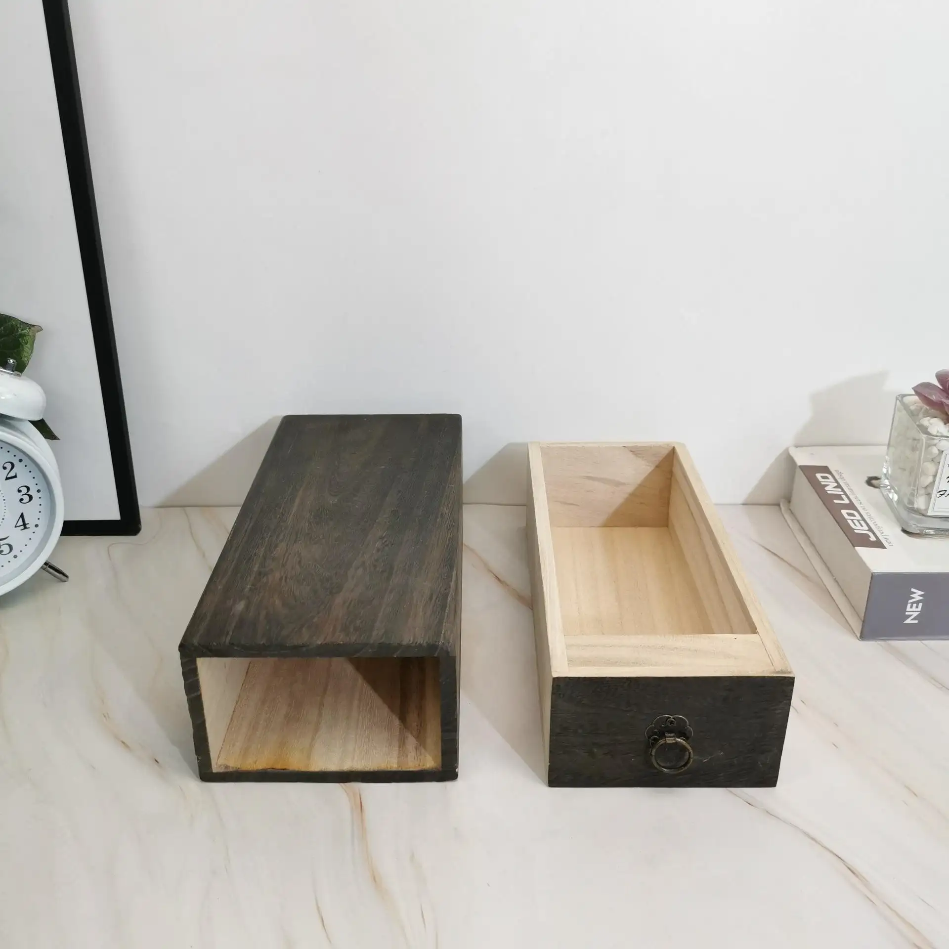 Gỗ ngăn kéo trường hợp hình chữ nhật hình hộp trà bằng gỗ với nắp cổ cho hàng thủ công mỹ nghệ trang sức tổ chức