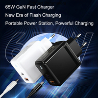 Cargador GaN de 65W con Certificación CE, Enchufe Europeo Tipo-C+USB, Doble Puerto, Carga Rápida, Adaptador Portátil Ignífugo para Laptop, Cámara y Teléfono