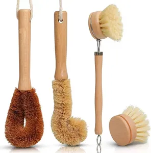 Nhà Bếp Món Ăn Bàn Chải Thiết Lập Tre Chà Bàn Chải Dài Xử Lý Món Ăn Scrubber Và Thay Thế Nồi Đầu Bàn Chải