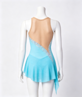 Robe de patinage artistique bleu ciel sans manches, dos ajouré orné de strass, en maille, pour adultes et enfants
