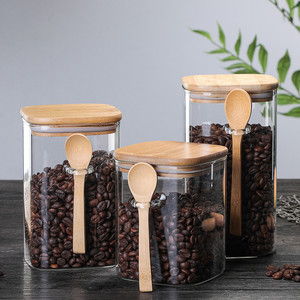 Storage Jar Glass Storage Jar Customized Logo Square Shape Kitchen High Borosilicate Glass Food Storage Jar Container With Bamboo Lid And Spoon