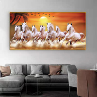 Tableau mural moderne de luxe nordique, 7 chevaux blancs au galop, paysage au coucher du soleil, encadrement en porcelaine cristalline, décoration intérieure, peinture de chevaux
