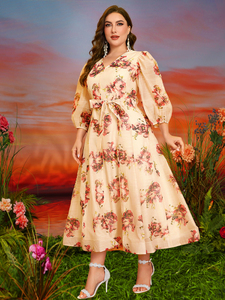 <span class=keywords><strong>Robe</strong></span> décontractée pour femme à motif floral aléatoire, col en V, manches lanternes en mousseline, imprimé floral élégant, taille haute, <span class=keywords><strong>robe</strong></span> de soirée - Product Image 2