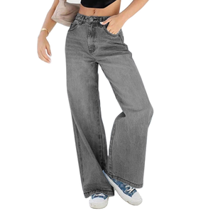 Jeans da Donna a Vita Alta, Gamba Dritta, Traspiranti, Casual, Estivi, in Denim Chiaro Grigio per Vendita all'Ingrosso - Product Image 1