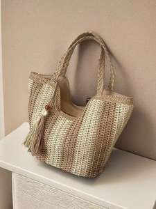 Sac fourre-tout tissé deux tons fait à la main avec poignée supérieure grande capacité de glands - Product Image 2