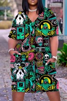 T-shirt décontracté d'été multicolore à imprimé col en V mi-long en gros d'usine, tailles S-5XL, robes pour femmes grandes tailles