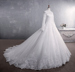 Tùy chỉnh American ren Bridal DRESS đứng cổ áo dài tay áo lớn đuôi cộng với kích thước Muslim Wedding Gown Tính năng appliques - Product Image 3