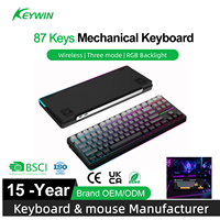 Clavier de jeu mécanique Keywin OEM 87 touches, tri-mode, hotswap, PBT, avec joint d'étanchéité, 87 touches, sans fil, RGB