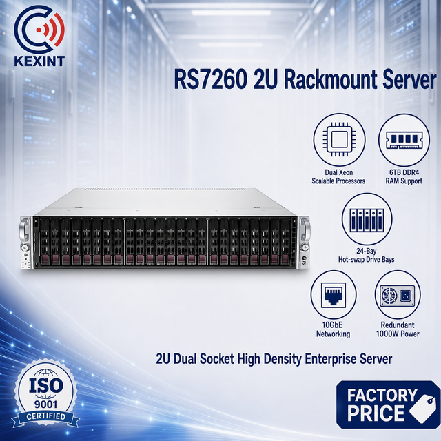 Kexint RS7260 2U Rackmount Server Dual Intel Xeon Scalable Processors 24-Bay Hot-swap NVMe SAS SATA 6TB RAM 10GbE