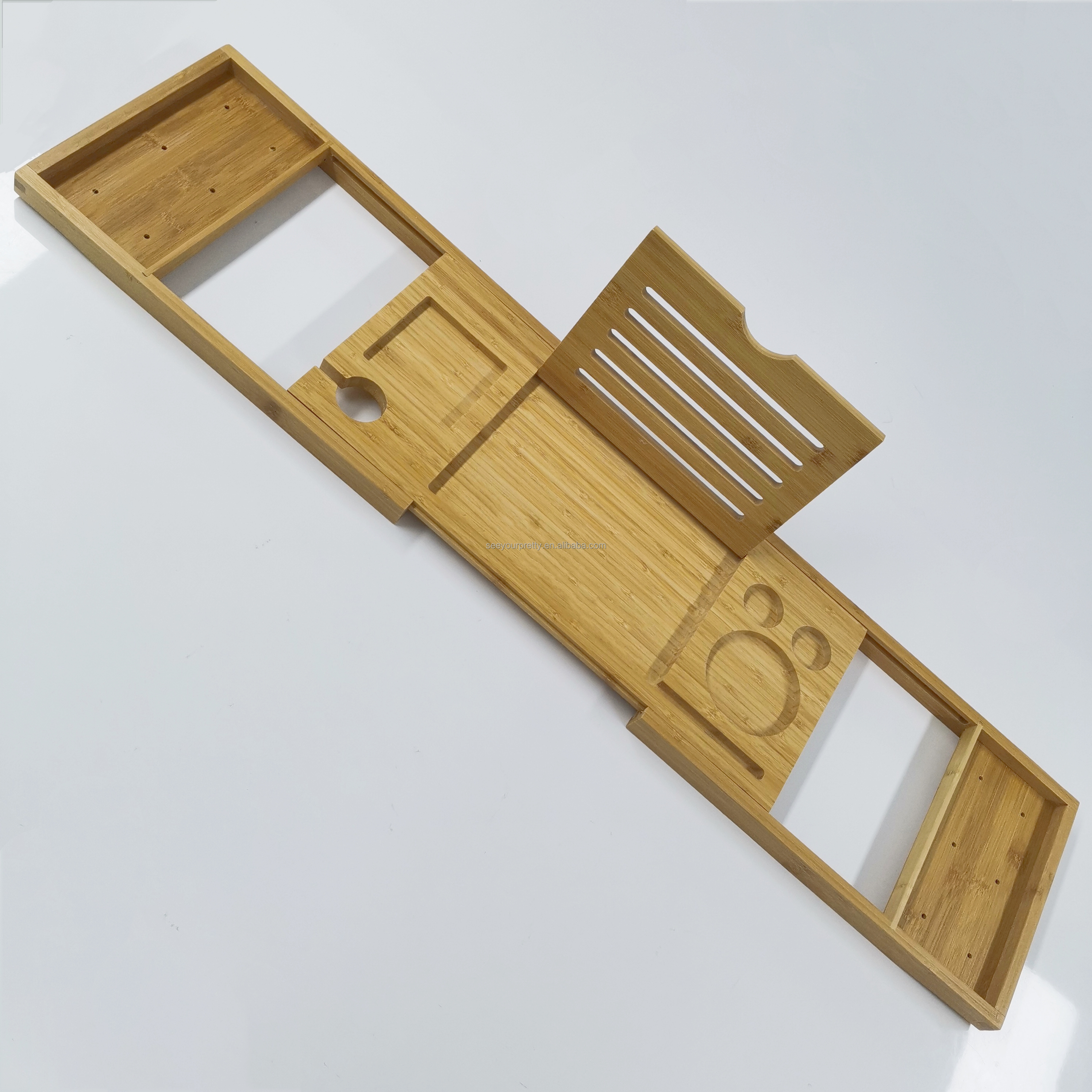 Hotel Natural Wood Bamboo Bathtub Tray Caddy Luxury Extending Bathroom Accessory Wine Glass Holder Bath Rack