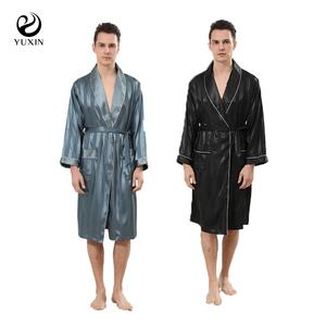 Set di Accappatoi da <span class=keywords><strong>Uomo</strong></span> 2 Pezzi in Raso di Seta Estivo Leggero <span class=keywords><strong>a</strong></span> <span class=keywords><strong>Righe</strong></span> Jacquard Manica Lunga <span class=keywords><strong>Pigiama</strong></span> Taglie Forti Vestaglia - Product Image 3