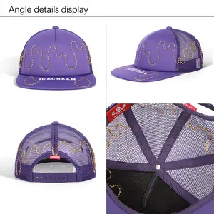 Aangepaste Snapback 5 Panel Kroon Platte Rand Ongestructureerde Logo Mesh Trucker Metallic Borduurwerk Baseball Caps Hoed