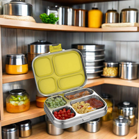 Boîte à bento à 4 compartiments facile à transporter pour enfants, en acier inoxydable, sans BPA, avec couverts, chauffable et utilisable au micro-ondes, étanche