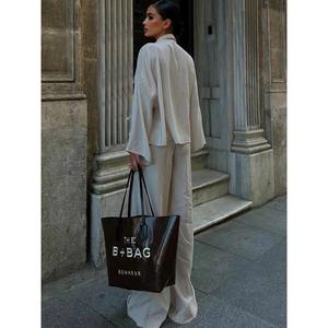 女性用夏カジュアル織り無地通気性長袖ネクタイフロントシャツパンツツーピースセット - Product Image 3