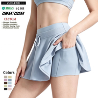 Jupe-short de tennis côtelée bleue à séchage rapide pour femme, taille haute avec cordon de serrage, 2-en-1, respirante, pour l'entraînement, la course et la gym