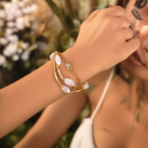 Fashion Beaded <b>Bracelet</b> Gold Plated 316L Stainless Steel <b>White</b> Stone Adjustable Chain Closure - Product Image 3