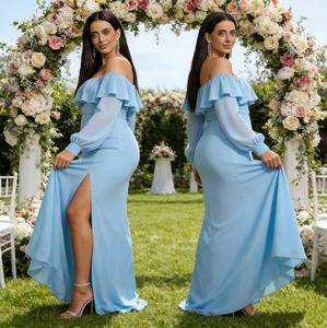 Robe de soirée élégante en mousseline de soie bleu ciel, épaules <span class=keywords><strong>d</strong></span>énudées, manches longues, fente latérale, pour les occasions spéciales - Product Image 2