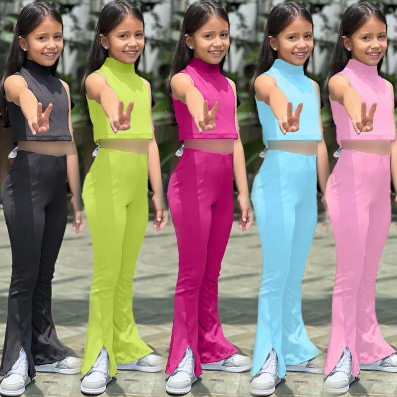 2023 Zomer Outfit Voor Kinderen Meisje Sets Effen Mouwloze Coltrui Top & Open Pijpen Broek Groothandel Aangepaste Meisjes Kleding