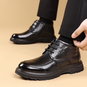 Bottes Martin pour hommes en cuir véritable, bout rond, doublure en fourrure, semelle en caoutchouc, chaussures chaudes isolantes pour l'hiver - Product Image 3