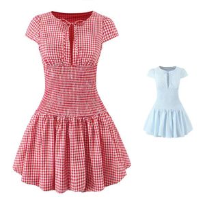 Minivestido informal de verano de manga corta con cordones y estampado de cuadros rojos para mujer - Product Image 1