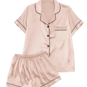 Pyjama d'été pour femme en satin de polyester couleur unie, col rabattu, manches courtes, short taille haute - Product Image 4